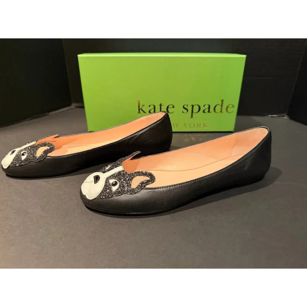 IOB Kate Spade Winthrop Ballerina Flats In Black French Bulldog Sz 8.5